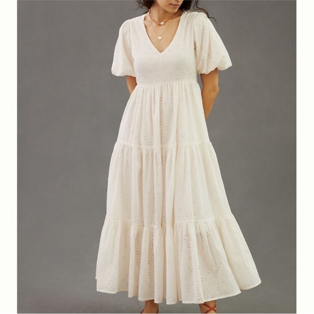NWT MOTHER White Eyelet Tiered Maxi Dress | Puff Sleeve Boho Cottagecore